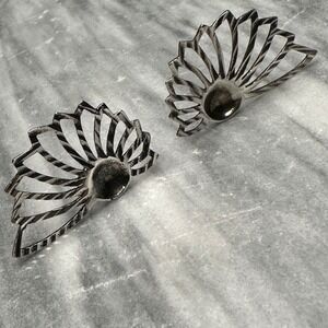 925 Sterling Silver Fan Sunburst Stud Earrings Textured Modernist Openwork 3.2g